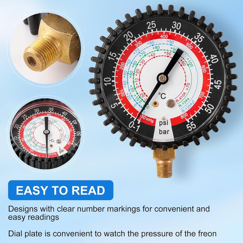 Tigbear R134A R1234YF R410A Refrigeration Pressure Gauge, Manifold Gauge Kit, High and Low Recharge Manifold Gauge with 1/8" Male NPT, 800 PSI, 80mm - Image 4
